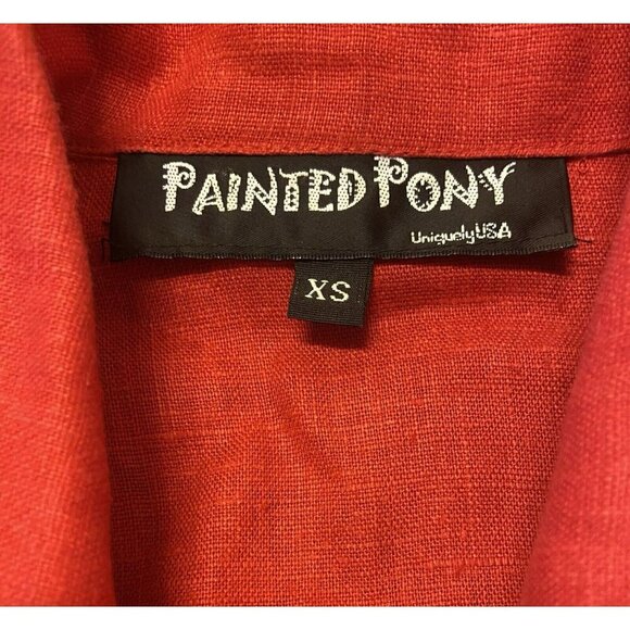 VTG Painted Pony Blazer Short Jacket Womens XS Linen Red Zebra Wooden Button USA - Picture 6 of 7